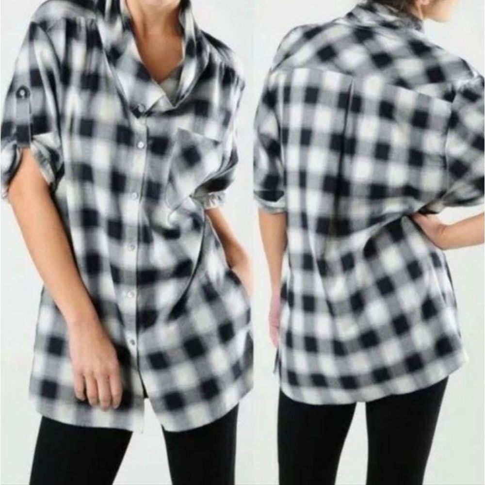 Vince. Women's Short Sleeves Cowl Neck Oversized Plaid Cotton Shirt Top Size S
